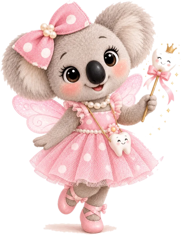 Pandita, a koala fairy in a pink dress holding a tooth wand